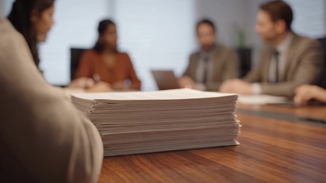 A Professional Meeting in Progress with Focus on Document Stack on Table, Showcasing Team Collaboration and Strategic Planning in an Office Environment