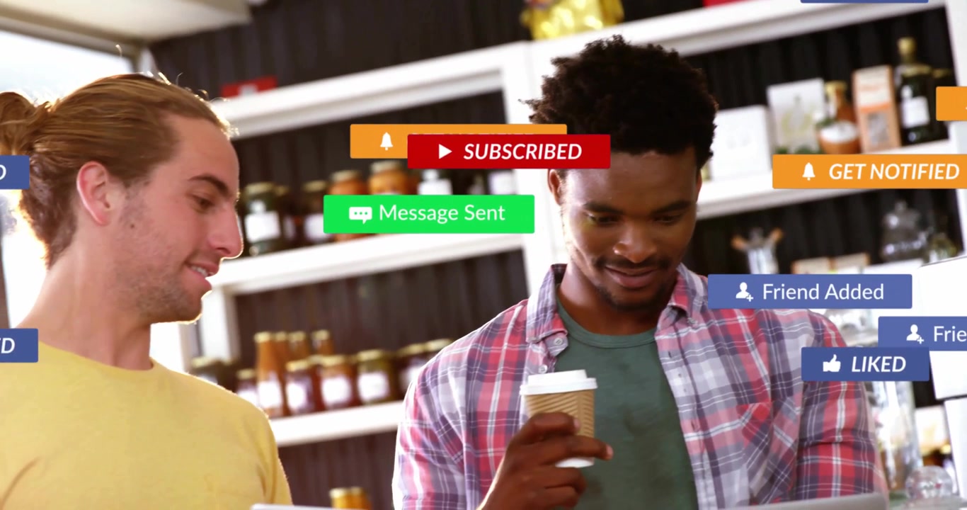 Two men standing in cafe checking digital device with floating alerts for technology marketing