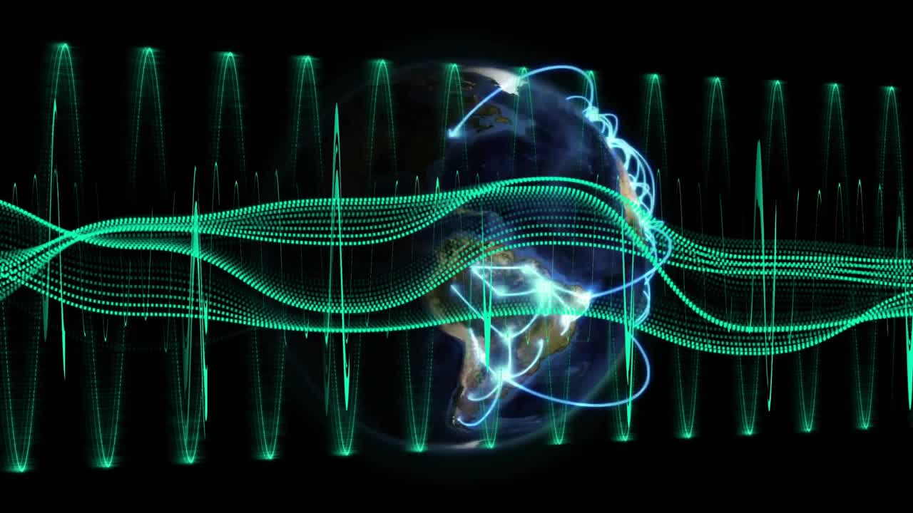 Blue dots appearing on rotating 3D globe while neon green waveform pulsing visualizing data flow