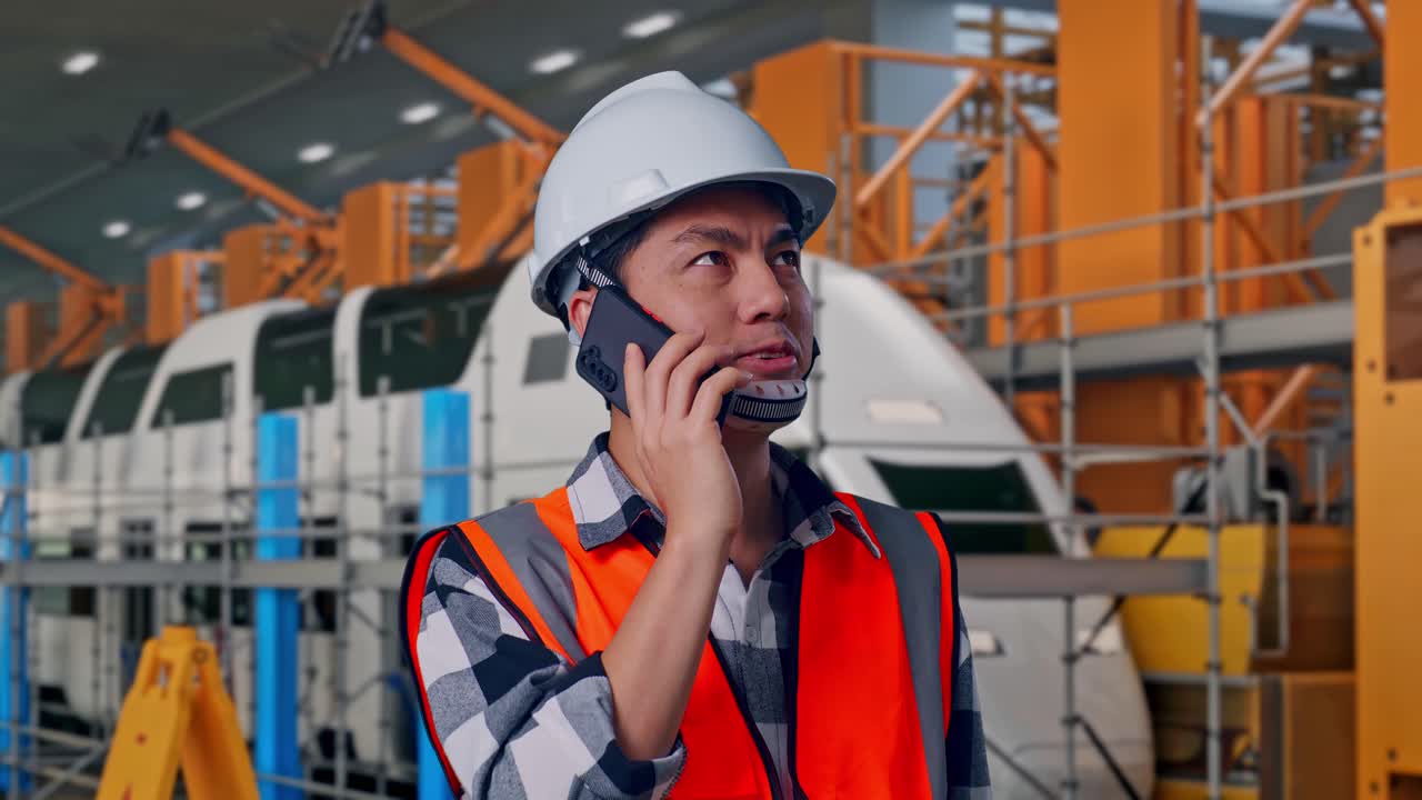 Primer plano de un ingeniero asiático con casco de seguridad hablando por teléfono mientras está de pie; ingenieros de mantenimiento de trenes en un depósito