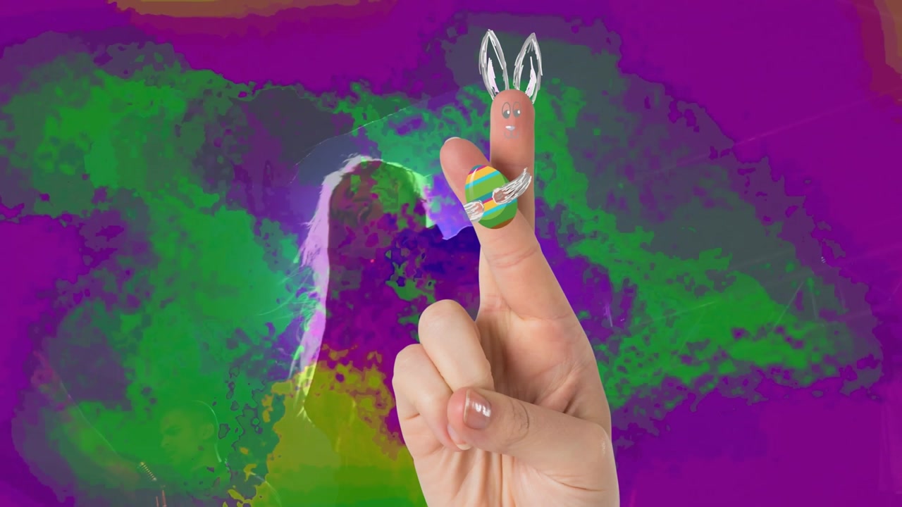 Caucasian man touching invisible screen against spots of light and square background