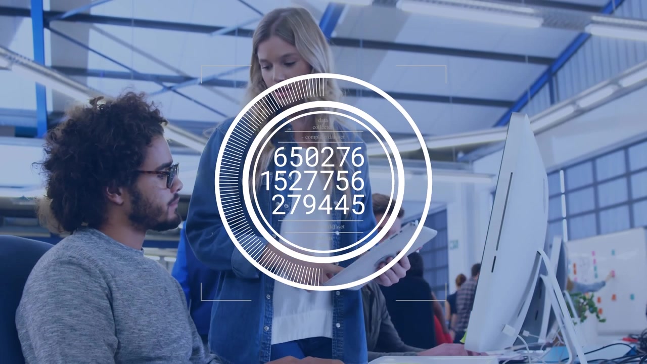Animation of changing numbers in loading circles over diverse coworkers discussing reports in office