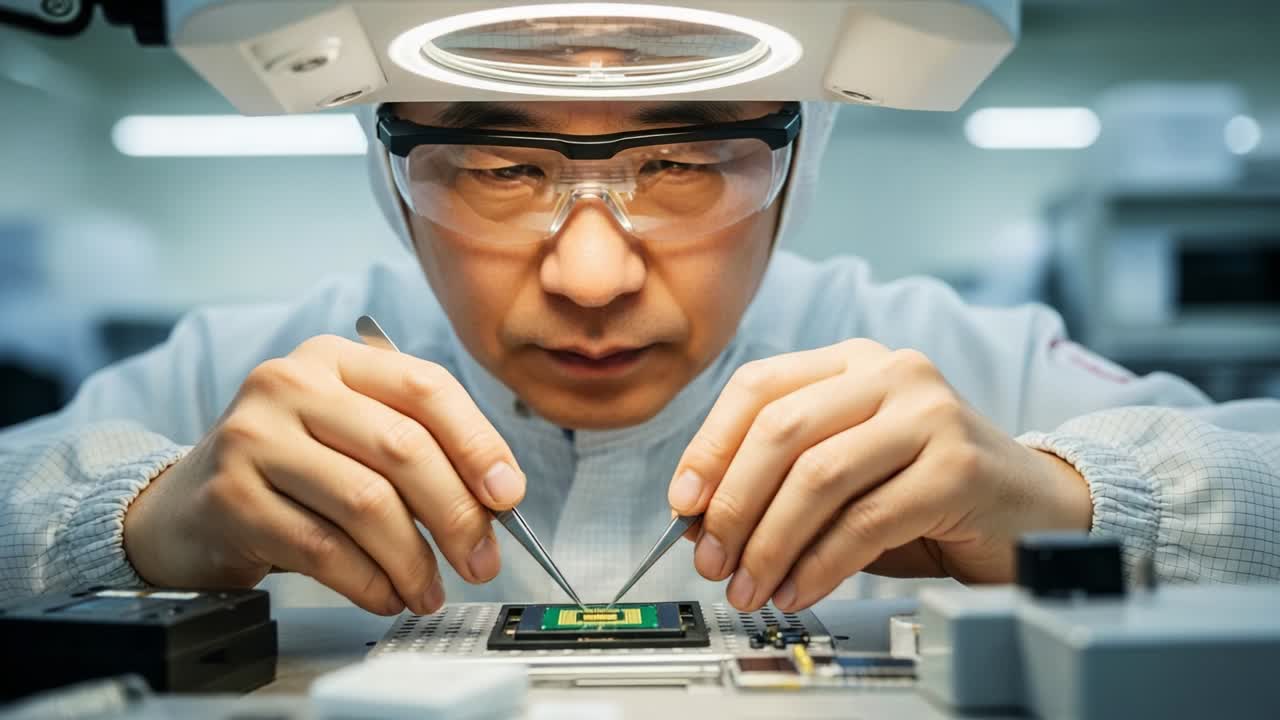 A focused technician meticulously inspects and works on a semiconductor chip under a microscope in a high-tech laboratory, demonstrating precision and expertise in microelectronics and technology