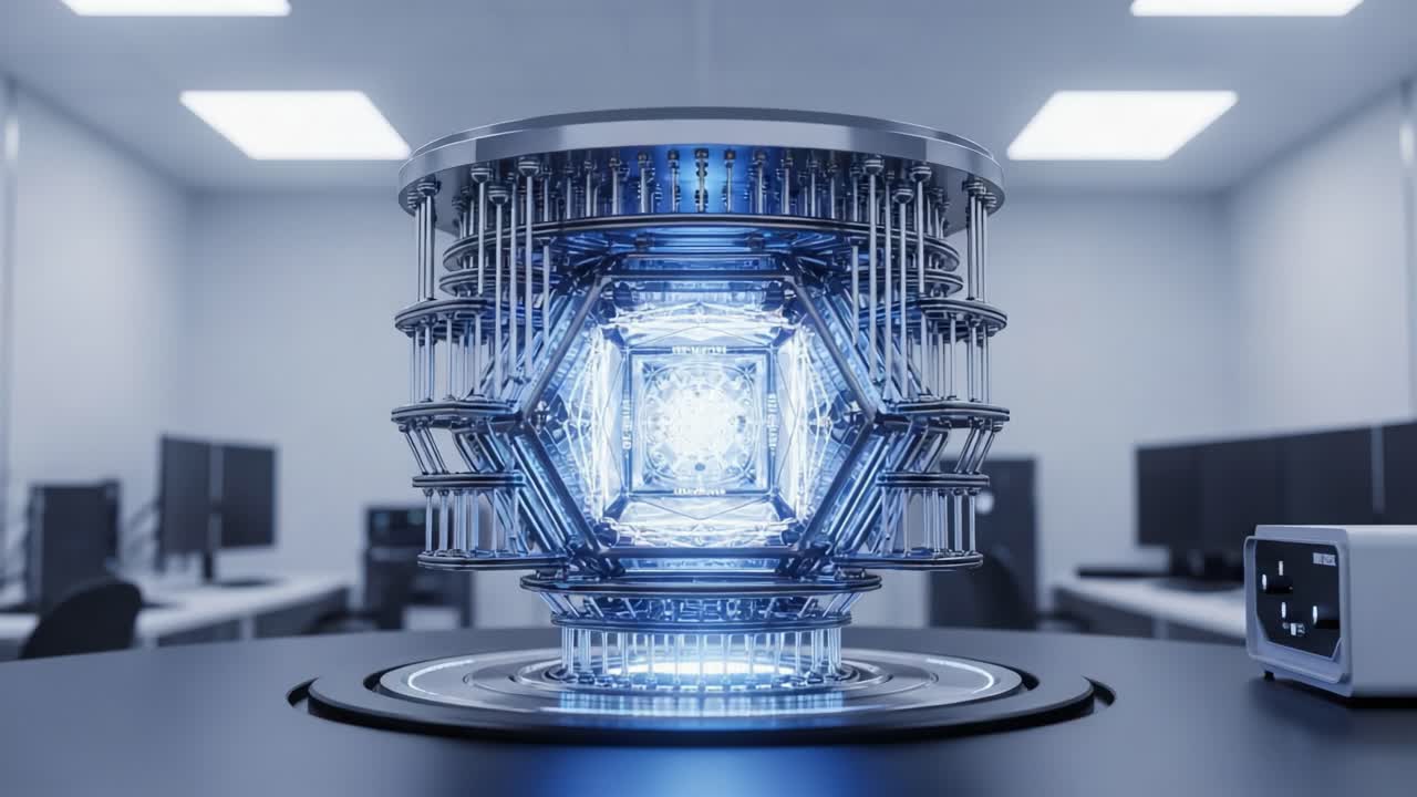 Futuristic Quantum Processor Inside a High-Tech Laboratory, Showcasing Advanced Technology and Innovations in Quantum Computing, Illuminated with Striking Blue Light