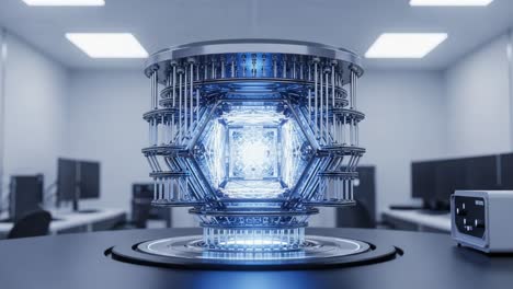 futuristic quantum processor inside a high-tech laboratory, showcasing advanced technology and innovations in quantum computing, illuminated with striking blue light