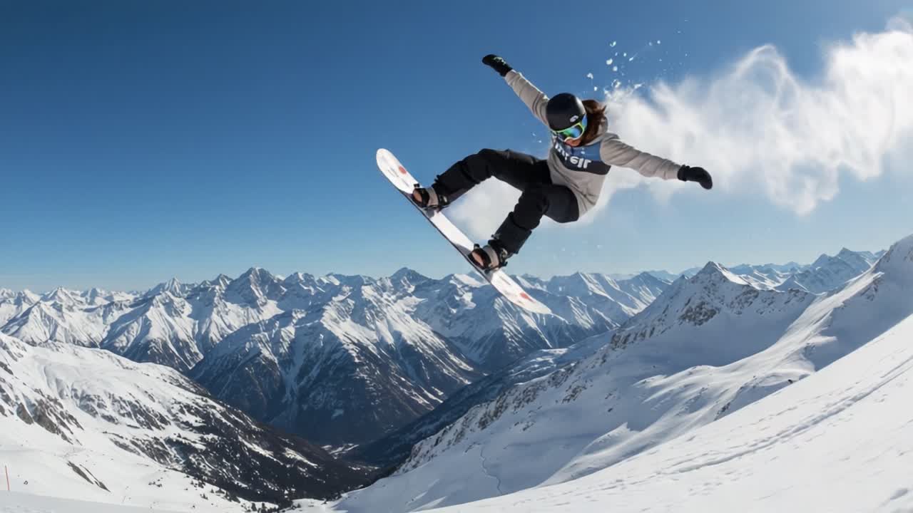 Snowboarder Performing a Trick in Majestic Mountain Landscape, Capturing the Thrill of Winter Sports Amidst Stunning Snow-Capped Peaks