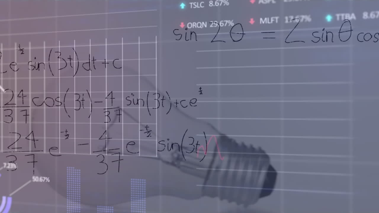 Animation of graphs, trading board, mathematical equation and diagrams over light bulb