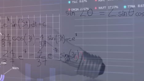 Animation-of-graphs,-trading-board,-mathematical-equation-and-diagrams-over-light-bulb