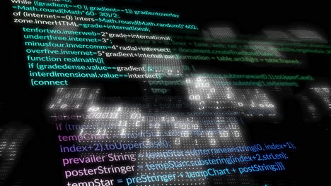 animation of glowing code forming digital skull on dark background