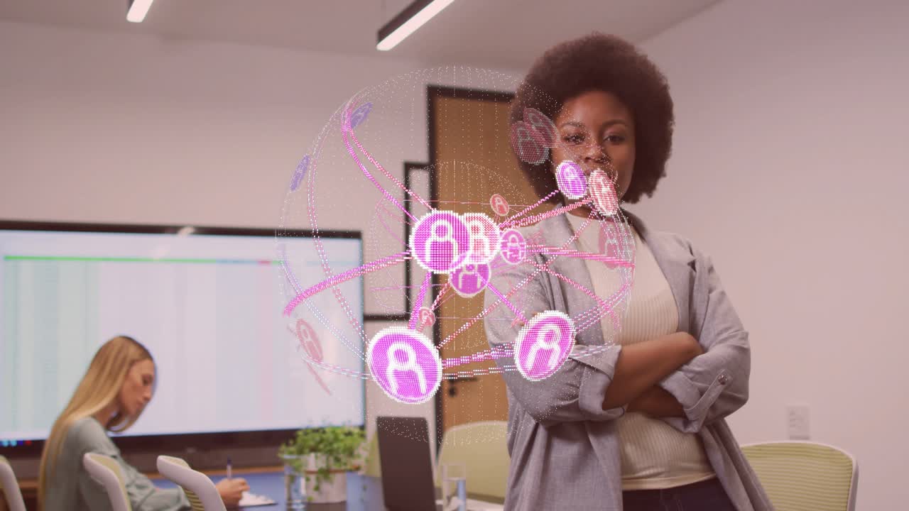 Donna in piedi mentre il collega digita, con nodi di rete rosa che si formano durante la digitazione, a indicare la crescita aziendale.