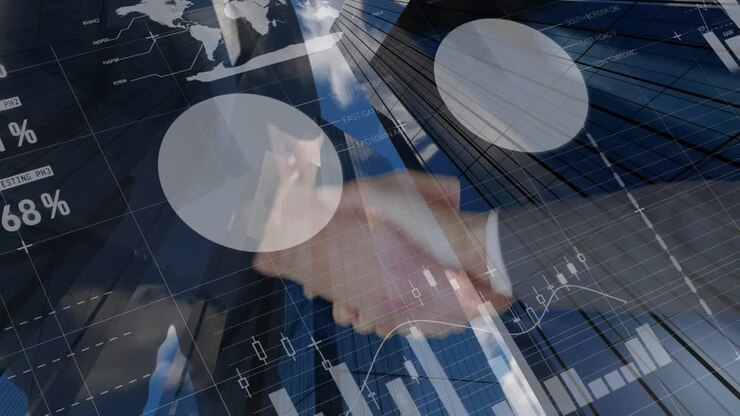 Concetto di finanza globale raffigurato con dati digitali e stretta di mano commerciale.