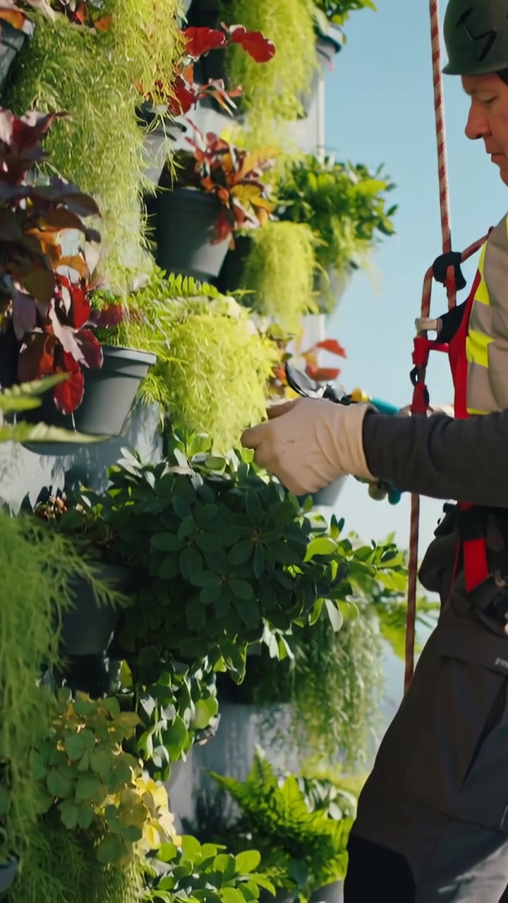 Vertical video: Rope securing helmeted worker trimming living wall for care, shears, copy space