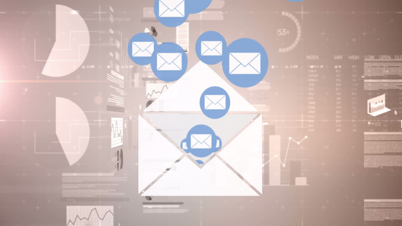animación de iconos de correo con estadísticas y procesamiento de datos financieros