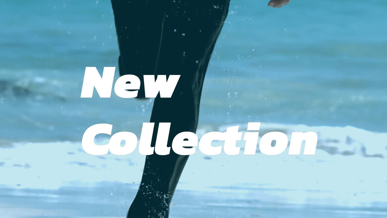 해변에서 달리는 사업가에 대한 새로운 시즌 텍스트의 애니메이션