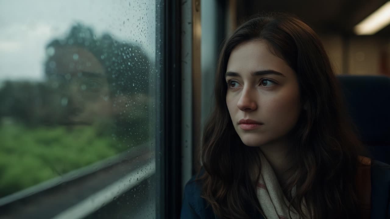 Young Woman Looks Out a Rainy Train Window During a Pensive Journey