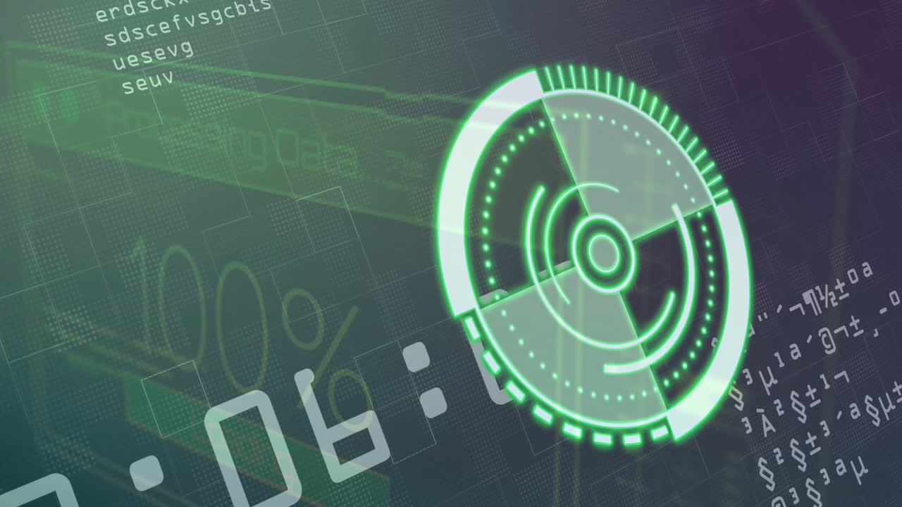 interfaz digital futurista con animación de radar giratoria sobre datos y números