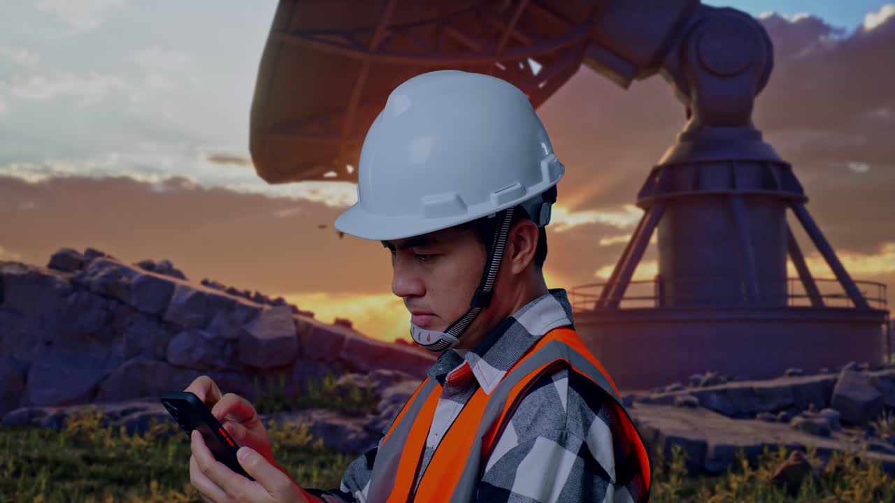 Close Up Side View Of Asian Male Engineer With Safety Helmet Using Smartphone While Standing With Large Satellite Dish