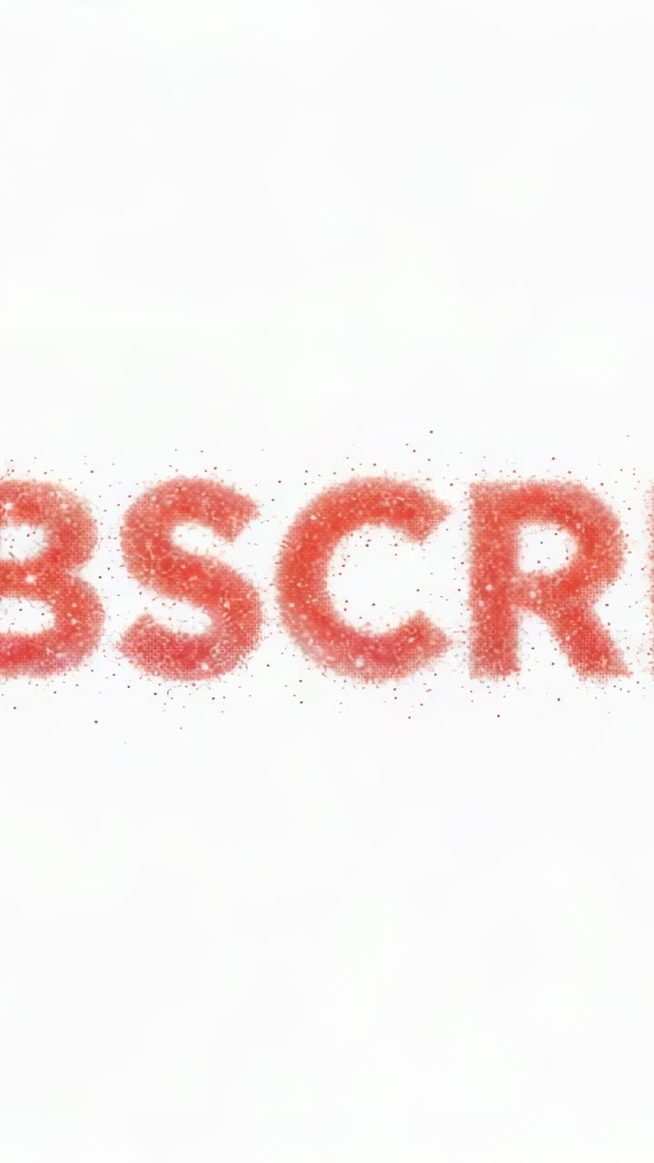 Vertical video: Sliding red 3D letters tilting on cue on white set, dropping dust to reveal word