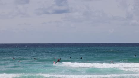 multiple surfers catching waves on a sunny day