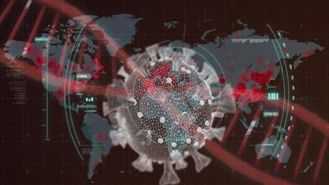 DNA--Und-Coronavirus-Bakterien,-Die-über-Die-Weltkarte-Zielen.