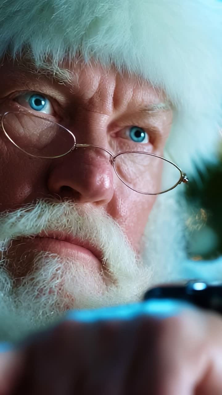 An Intense Close-Up of a Classic Holiday Character, Featuring his Distinctive White Beard, Blurry Background, and a Pensive Expression as He Checks the Time with a Watch, Evoking a Sense of Christmas Magic and Anticipation