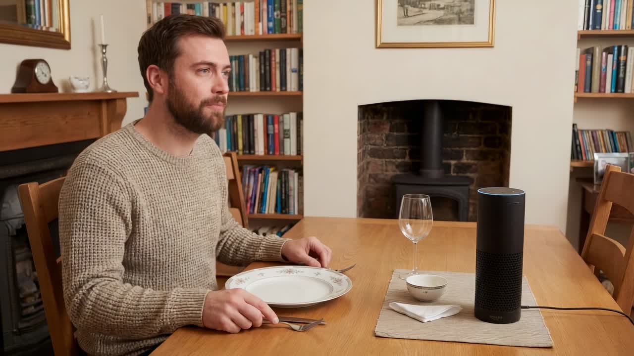 Mand med ledningshøjttaler og beige sweater taler til enhed ved spisebordet og afventer svar