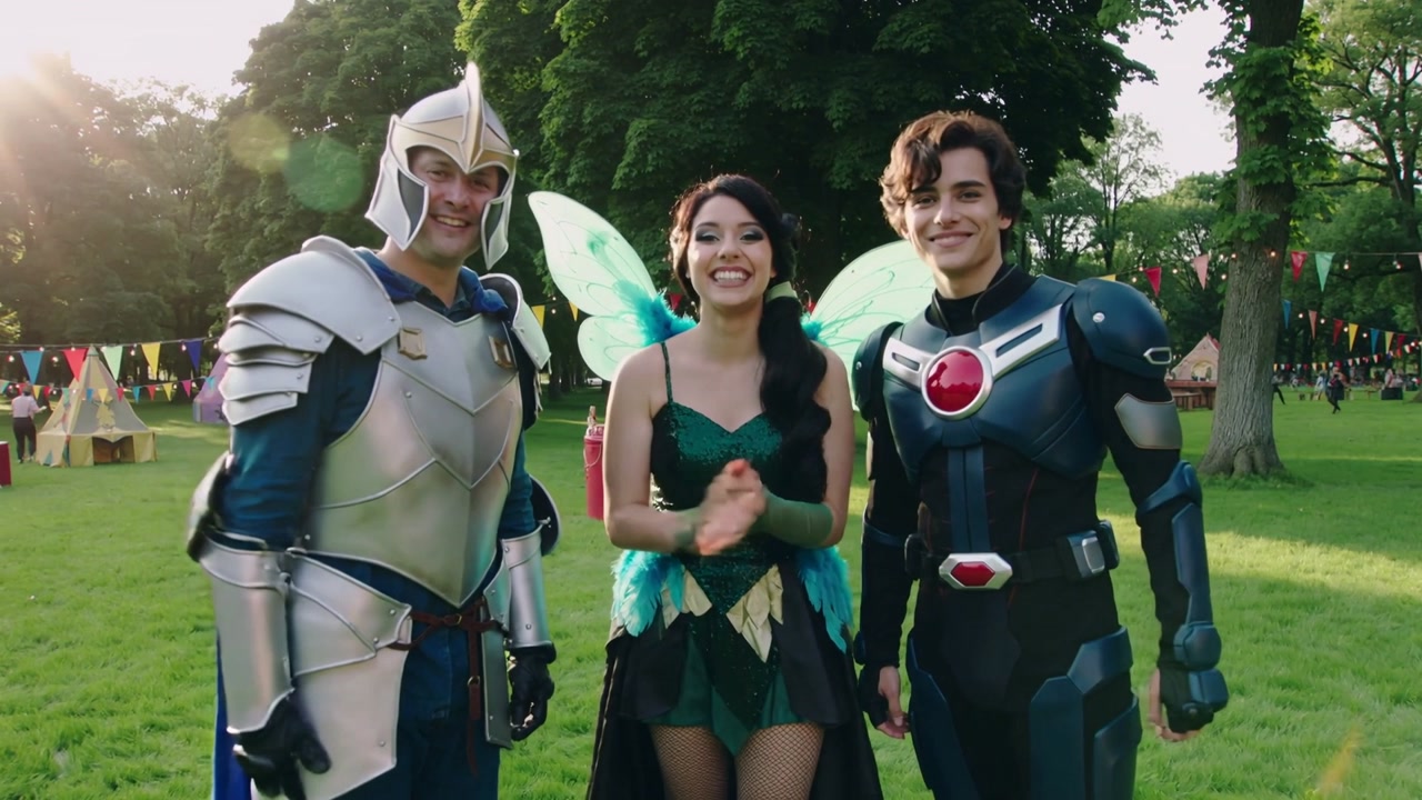 Waving cosplay trio posing for camera on festival field, showing knight armor, wings, red emblem