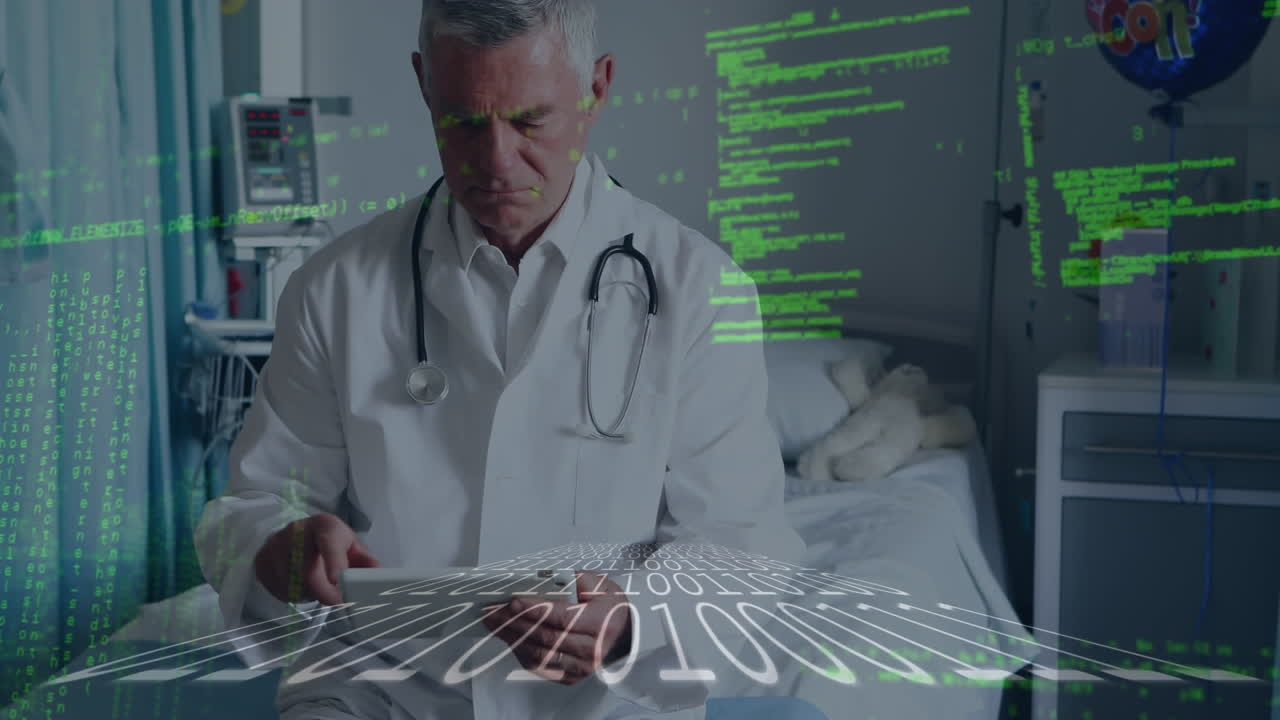 Animation of data processing and computer circuit board over male doctor