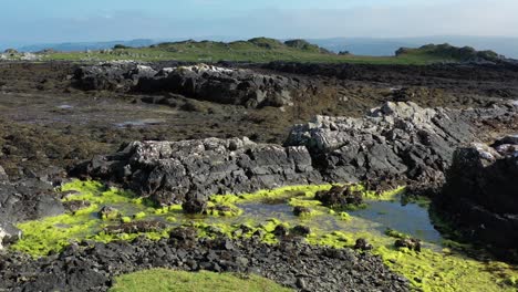 Low-flying-aerial-shot,-flying-over-the-Scottish-coast-line-at-low-tide