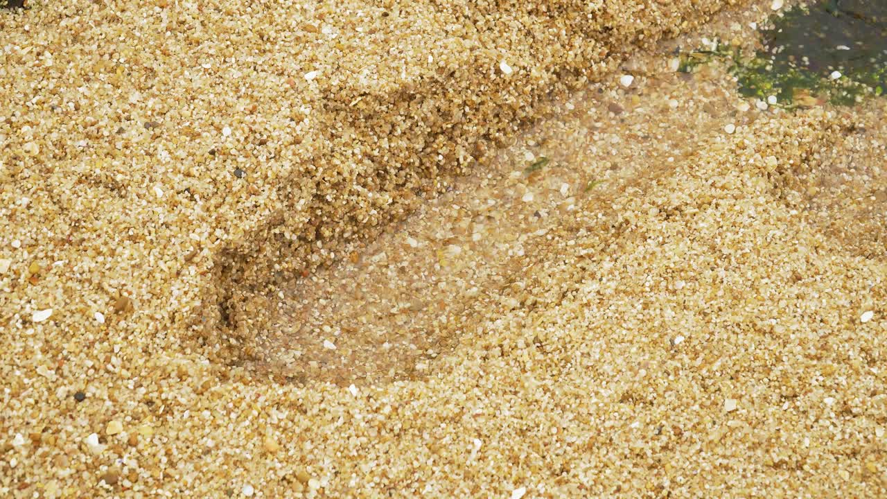 포르투갈, 포르토, 안게이라스의 모래 언덕 표면을 가로질러 작은 참호를 조각하는 물 모래