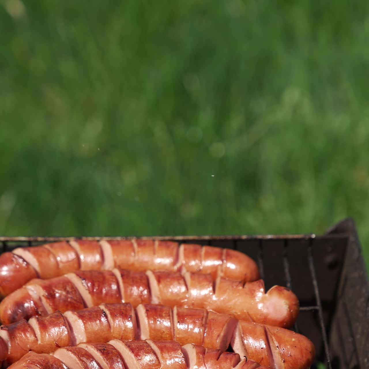 Tasty sausages on a grill grate. Sausage roasting over a barbecue fire in a hot day during the summer vacation. Cooking food for picnic