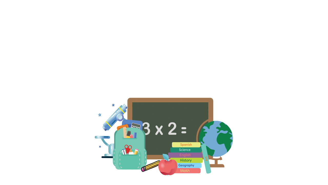Animation of school items on white background