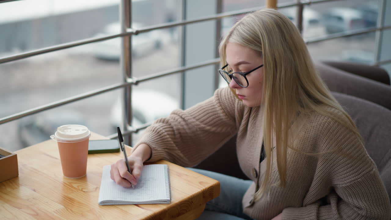 Close-up of young lady with glasses focusing intently while writing with a pen on paper, demonstrating concentration in a quiet workspace with blurred background featuring cars parked