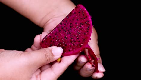 hands peeling vibrant dragon fruit slice