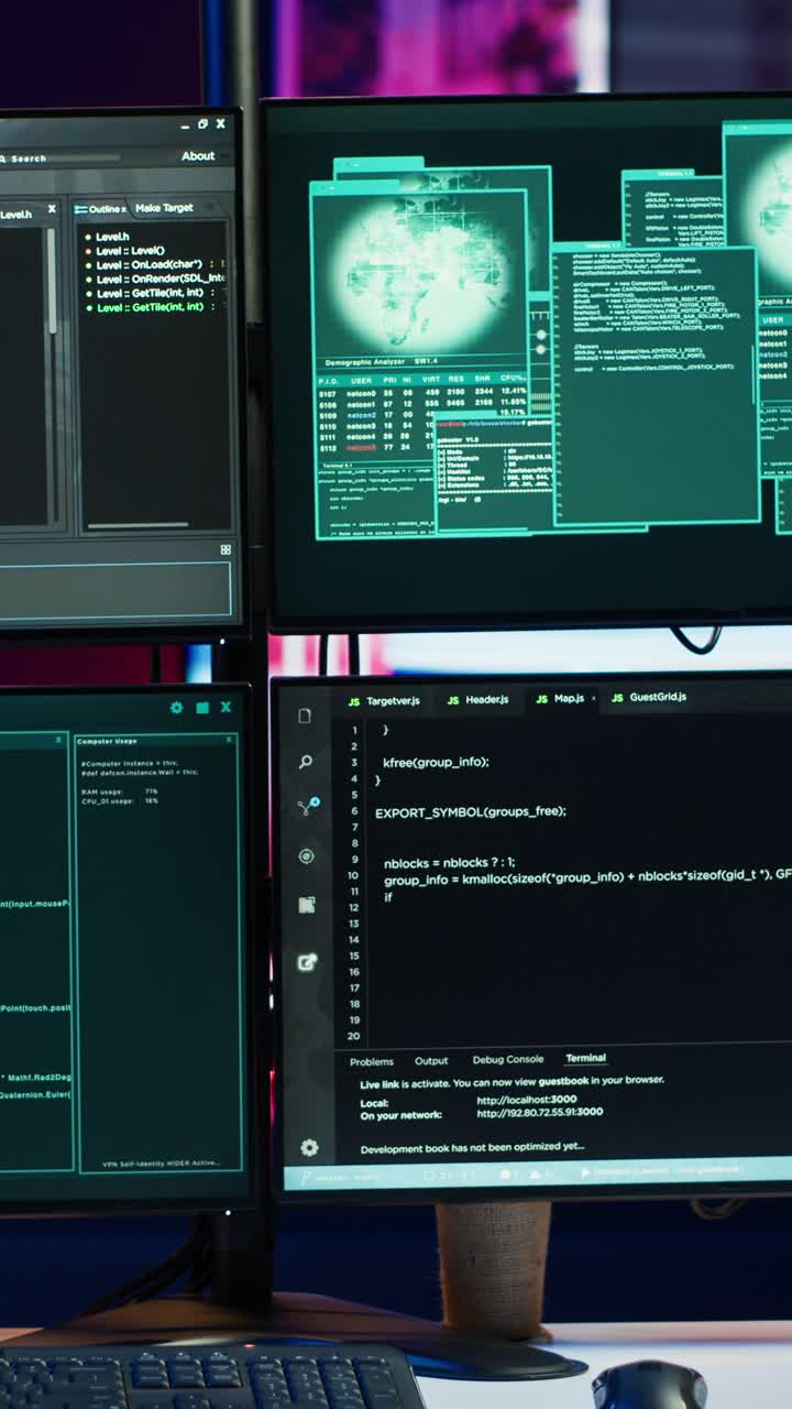 Vertical video Code running on monitors in empty apartment used by hacker stealing state secrets