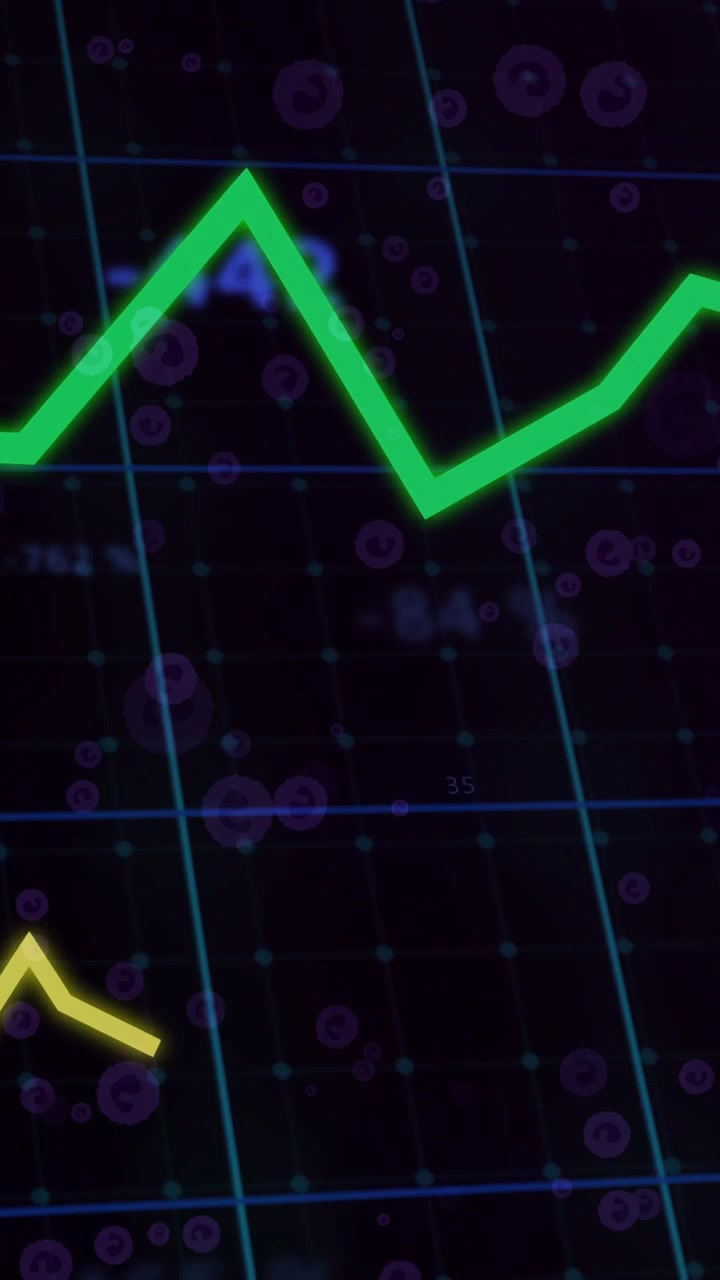 Video verticale: Al caricamento, una linea verde neon appare in basso a sinistra, salendo e scendendo, aggiornando i valori.