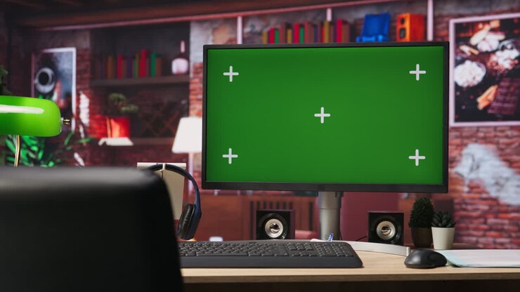 Green screen computer monitor on wooden desk in modern home