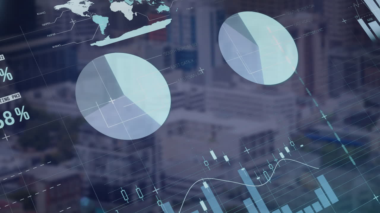 Animation of multicolored infographic interface over aerial view of modern buildings