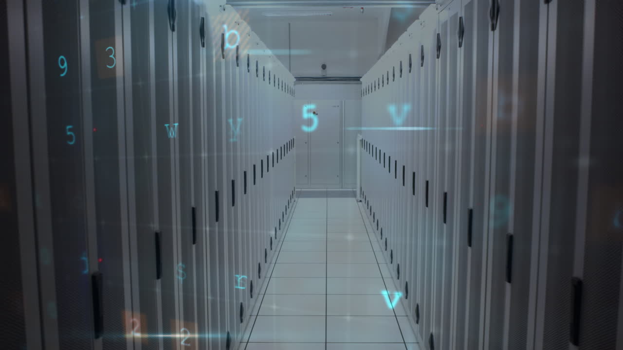 animación de advertencia de ataque cibernético con letras y números sobre la sala del servidor