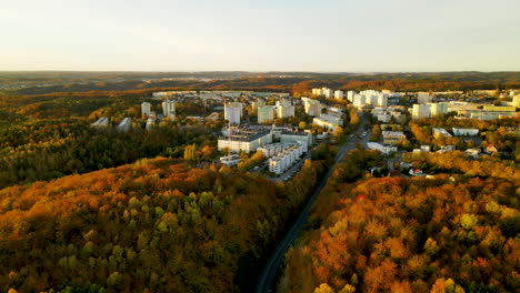 aerial backward on witomino in gdynia, autumn season with warm color of trees and bright high buildings