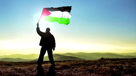 successful silhouette man winner waving palestine flag on top of the mountain peak, cinemagraph loop background