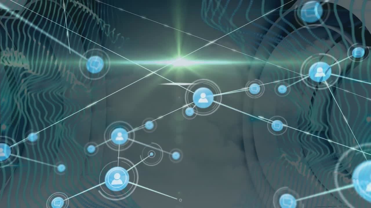 animación de la red de conexiones con iconos sobre formas y cielo con nubes