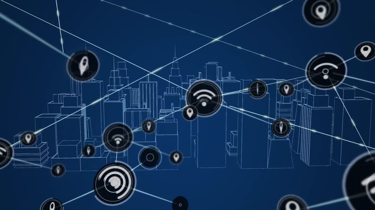 animación de la red de conexiones sobre el paisaje urbano del metaverso sobre un fondo azul oscuro