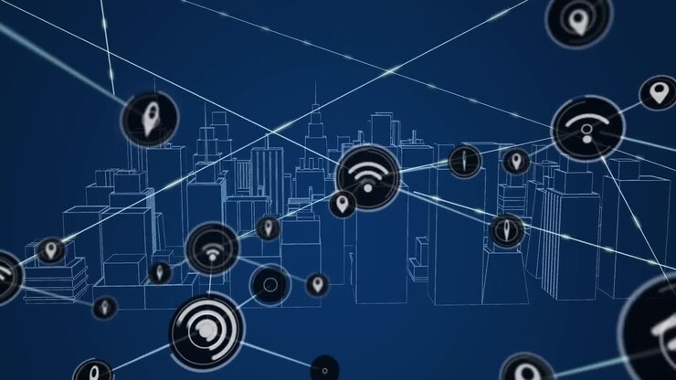 Animazione di una rete di connessioni su un paesaggio urbano del metaverso su sfondo blu scuro