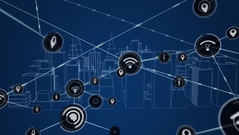 Animation-of-network-of-connections-over-metaverse-cityscape-on-dark-blue-background