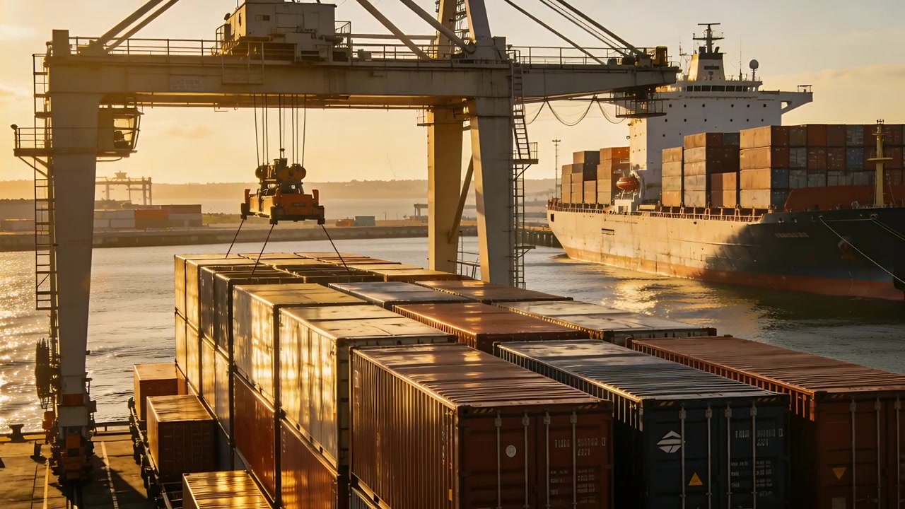 Hvid portalkran med spreader løfter en container ved kajen for at overføre den til en stabel.