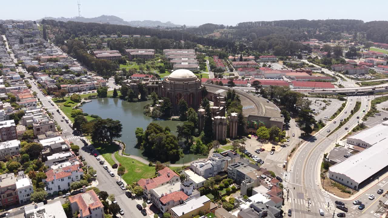 Palace of Fine Arts, Drone Shot of Historic Landmark of San Francisco California USA on Sunny Day