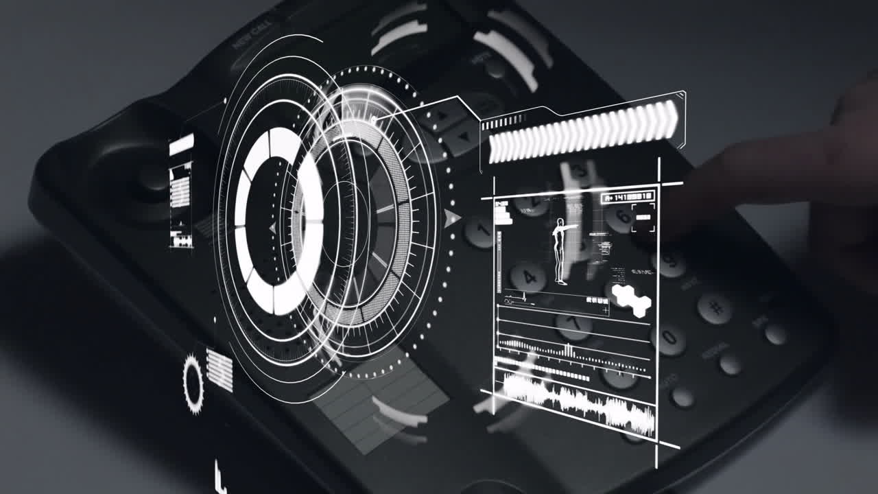Payment terminal being animated on dark surface, showing keypad, translucent HUD rings, data bars