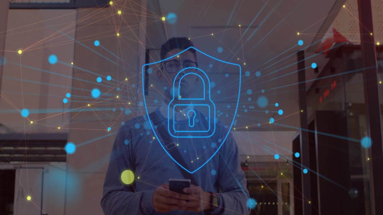 Man holding smartphone in office lobby, showing technology security shield and network nodes