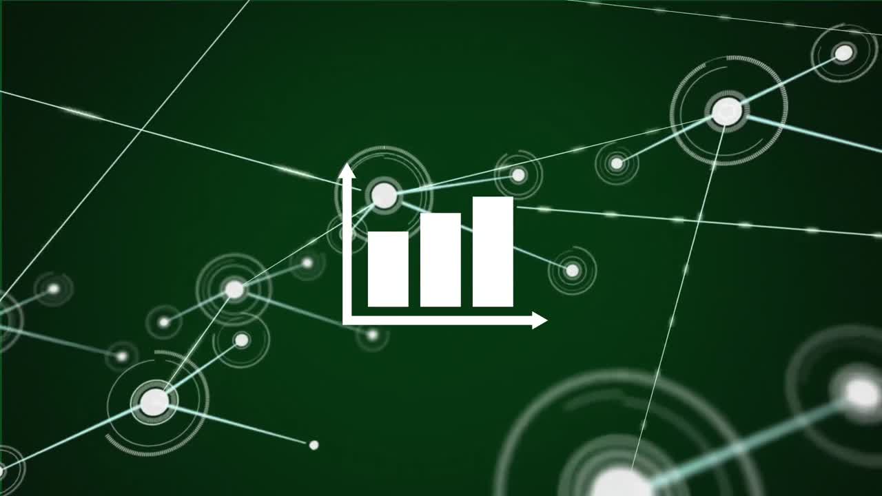 animación de la red de conexiones sobre el icono del gráfico de barras contra un fondo verde.